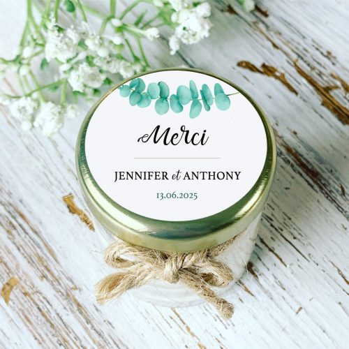 Bougie personnalisée mariage eucalyptus – cadeau invités naturel et bohème