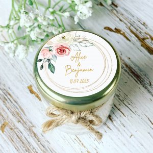 Bougie mariage personnalisée fleurs roses – cadeau invité floral chic
