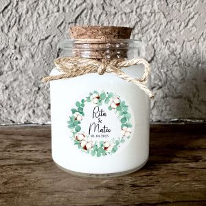 Bougie mariage personnalisée eucalyptus et fleurs de coton