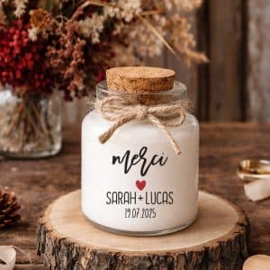 Bougie parfumée personnalisée mariage remerciement avec message Merci, pot en verre avec bouchon en liège, fabrication artisanale en France.