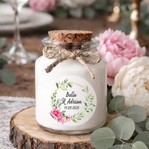 Bougie personnalisée mariage avec couronne florale et ruban blanc, cadeau invité élégant et romantique en cire de soja naturelle.