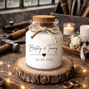 Bougie parfumée personnalisée coeur noir à offrir comme cadeau invités de mariage élégant