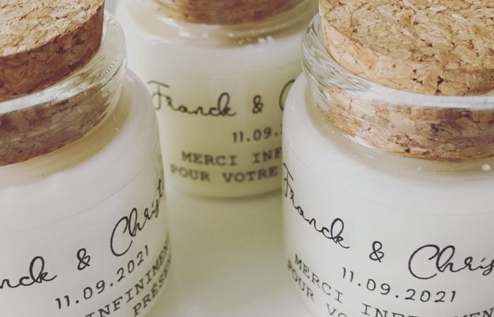 Cadeaux invités mariage : bougies personnalisées Franck & Chris
