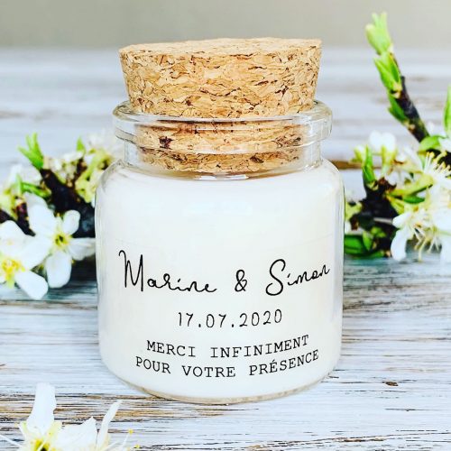 Cadeaux invités mariage style chic et élégant, bougie parfumée personnalisée faveur de mariage, fabrication artisanale en Provence France.