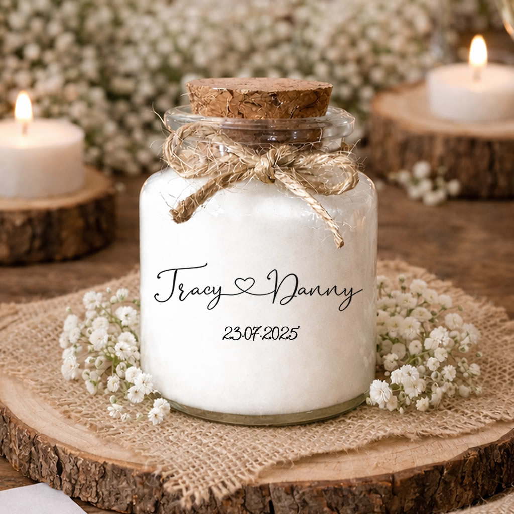 Bougie parfumée personnalisée avec cœur reliant les prénoms, modèle romantique et épuré. Cadeau invité de mariage, pot en verre avec bouchon en liège et corde naturelle, fabriquée à la main en France.