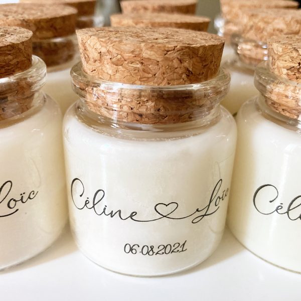 Bougies personnalisées mariage Olivia et Albert, cadeaux invités élégants