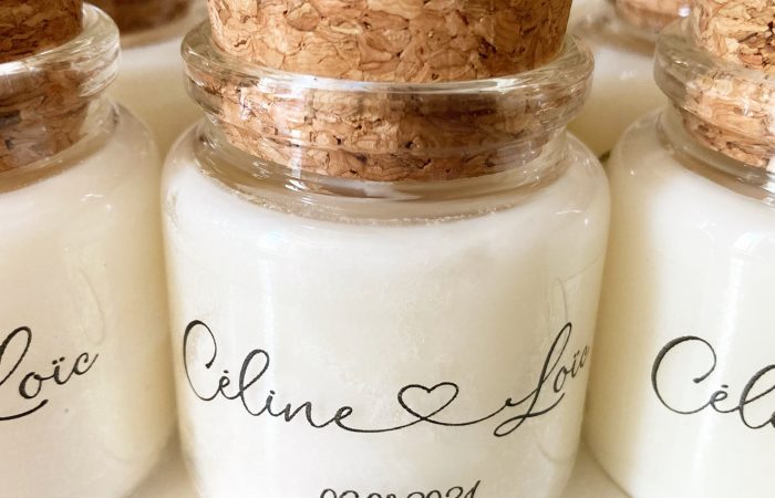Cadeaux invités mariage : bougies personnalisées Céline & Loïc
