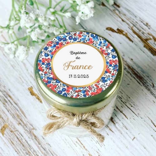 Bougie baptême personnalisée motif Liberty bleu et corail
