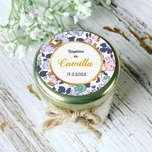 Bougie baptême personnalisée motif Liberty bleu pour invités