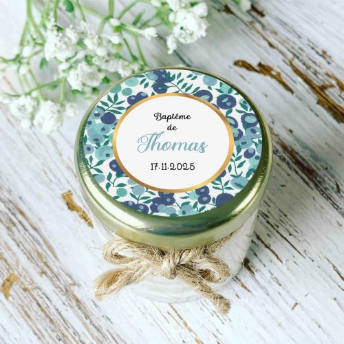 Bougie baptême personnalisée motif Liberty bleu Thomas