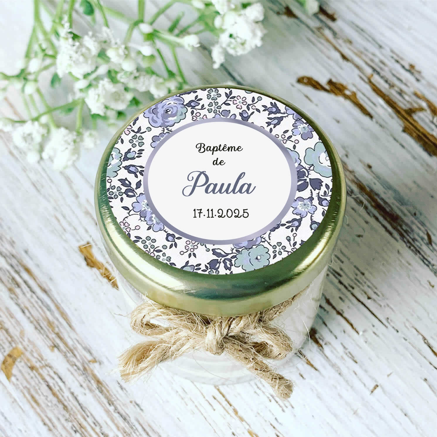 Bougie baptême personnalisée motif Liberty fleurs