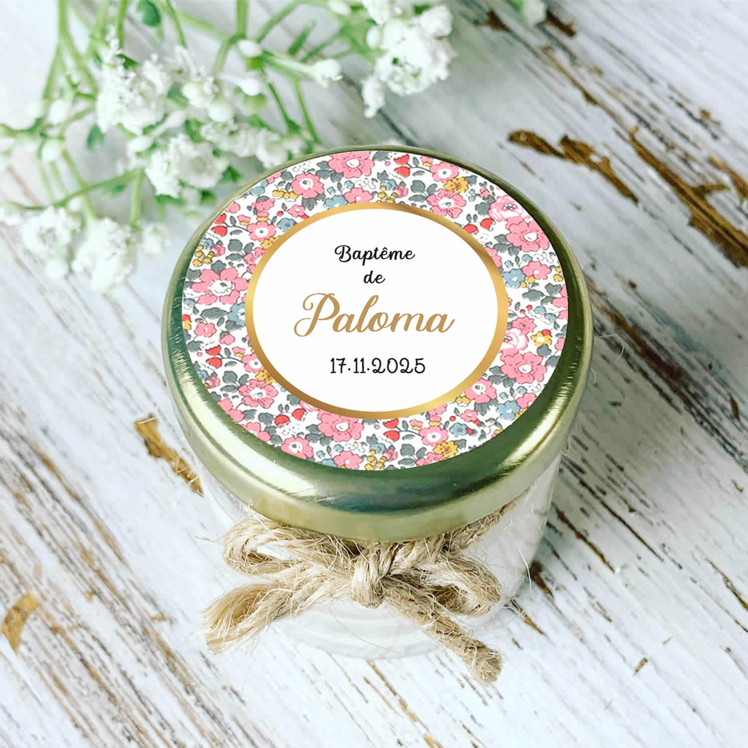 Bougie baptême personnalisée motif Liberty floral