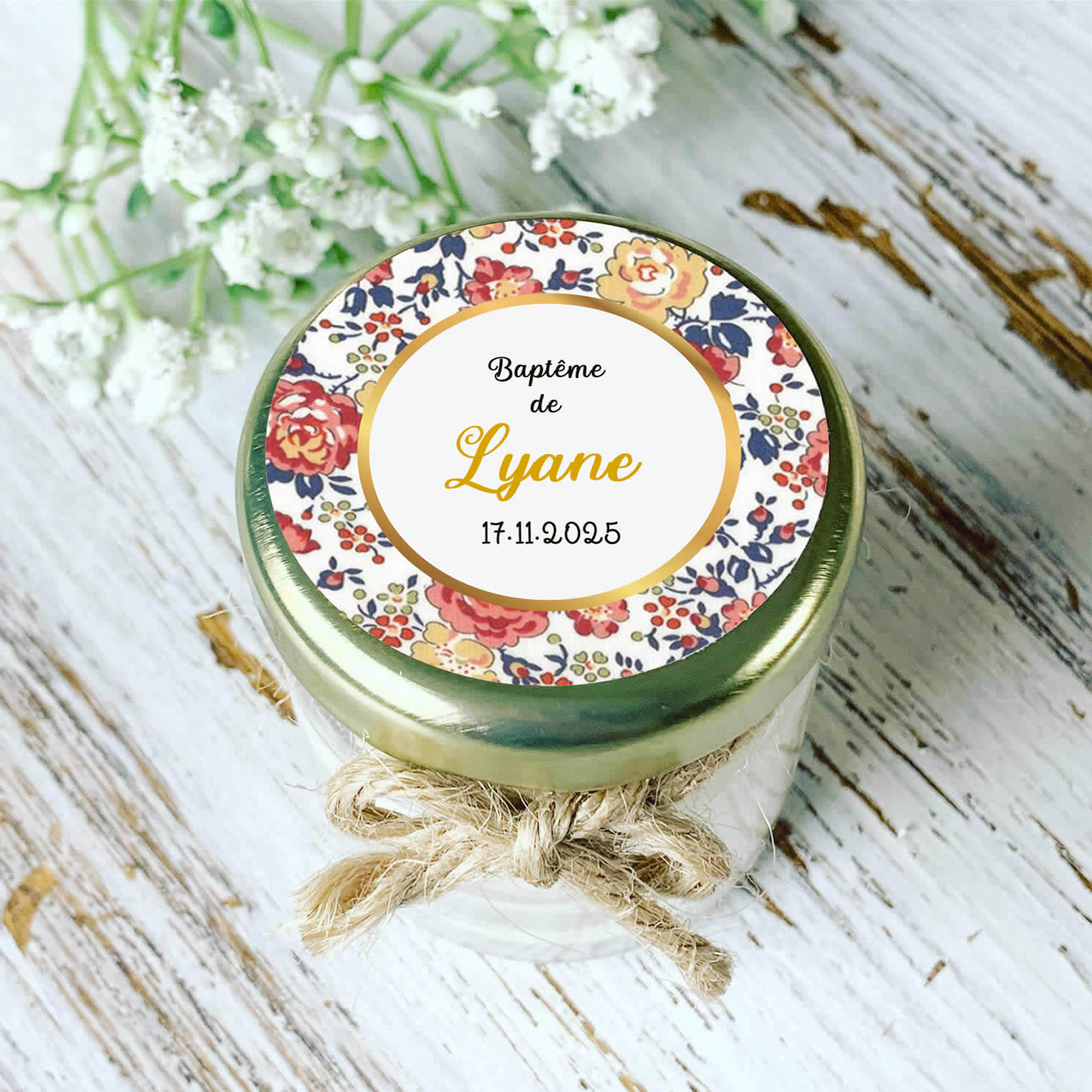 Bougie baptême personnalisée motif Liberty floral Lyane