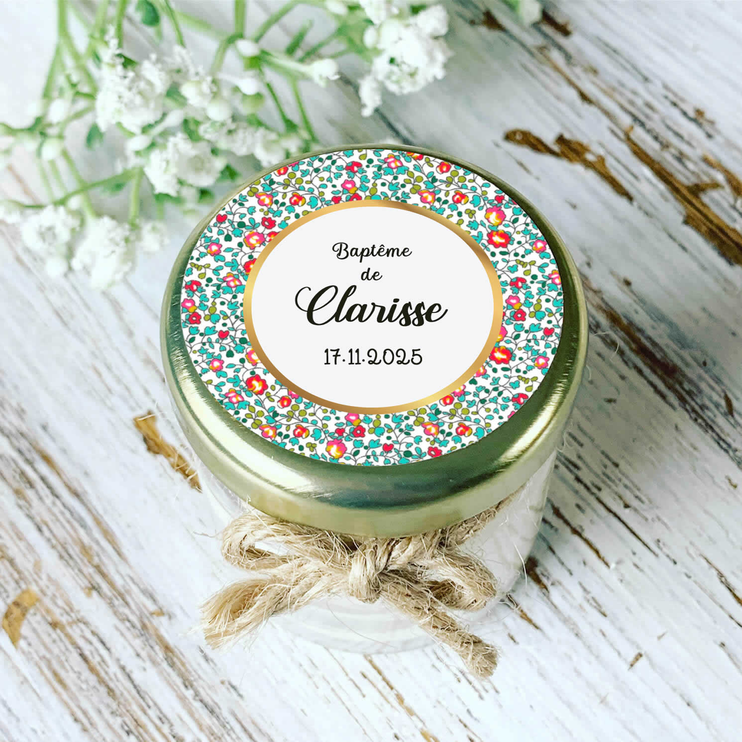 Bougie baptême personnalisée motif Liberty multicolore