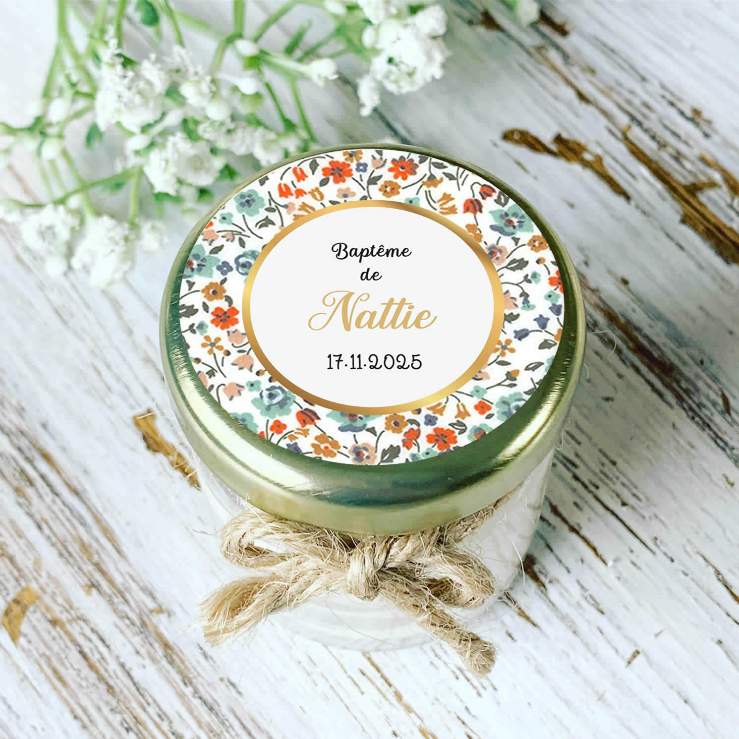 Bougie baptême personnalisée motif Liberty pastel