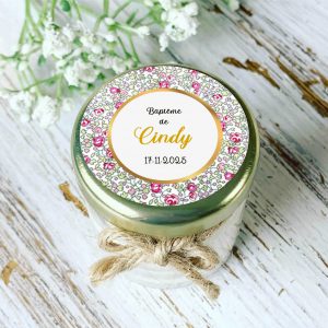 Bougie baptême personnalisée motif Liberty pastel pour invités