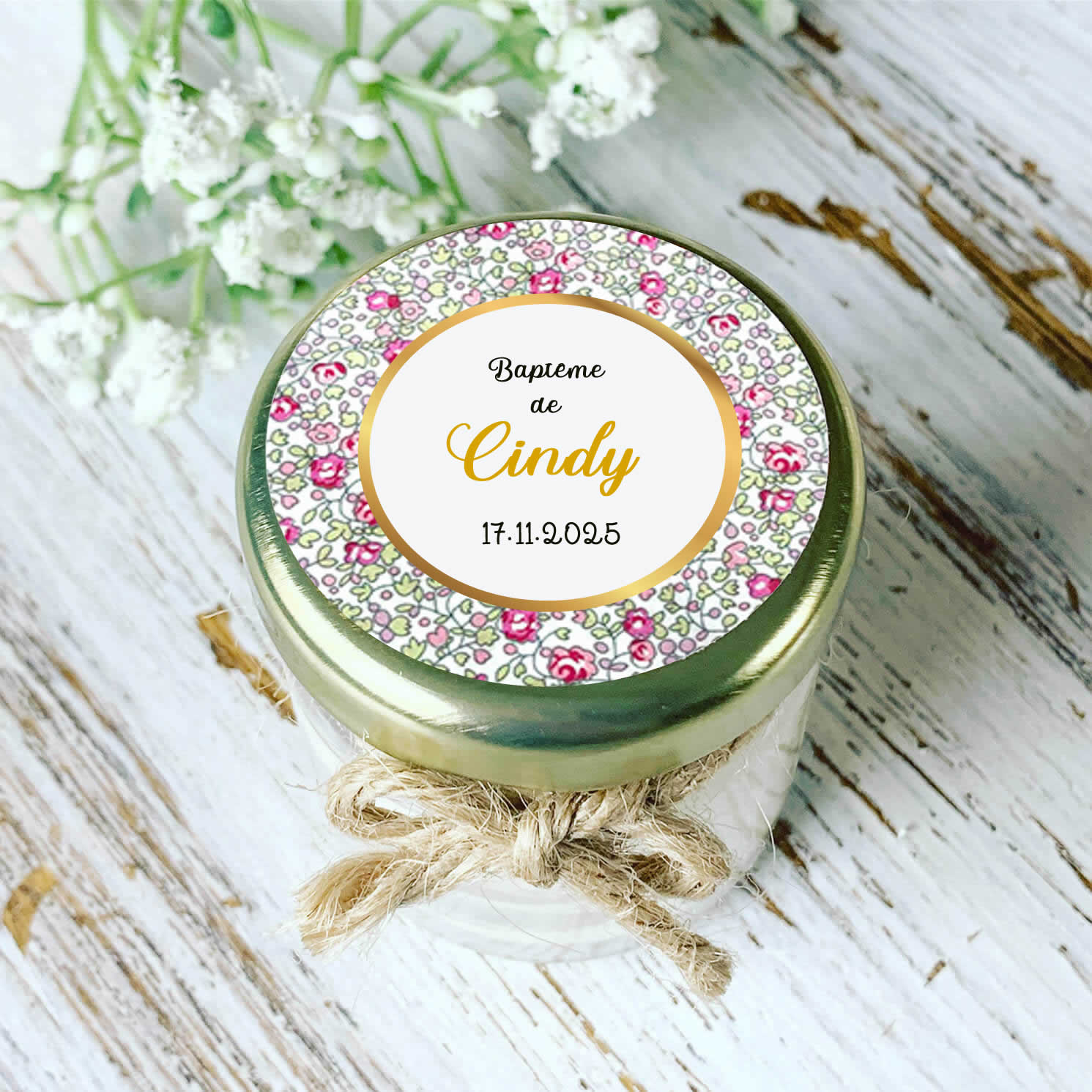 Bougie baptême personnalisée motif Liberty pastel pour invités