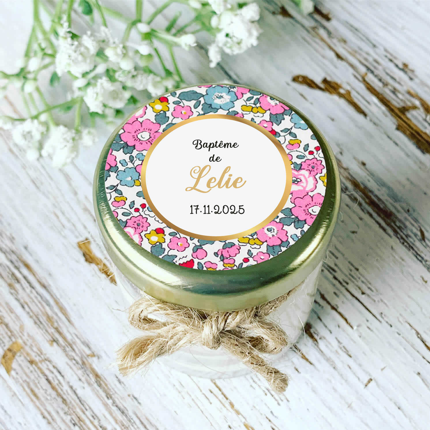 Bougie baptême personnalisée motif Liberty rose Lelie