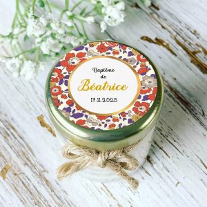Bougie parfumée personnalisée baptême motif Liberty pour invités