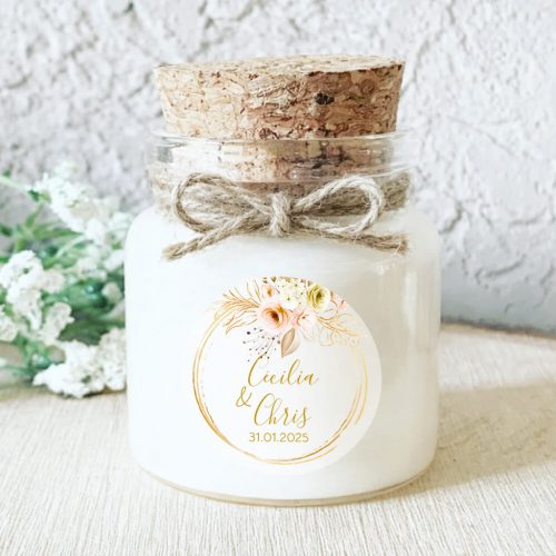 Cadeaux invités de mariage, bougie personnalisée parfumée fleurs pêche couronne dorée