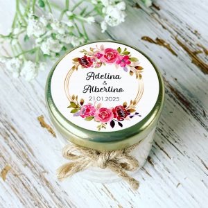 Bougie personnalisée mariage couronne florale rose et doré – cadeau invités romantique