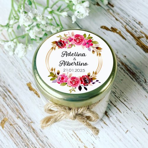 Bougie personnalisée mariage couronne florale rose et doré – cadeau invités romantique