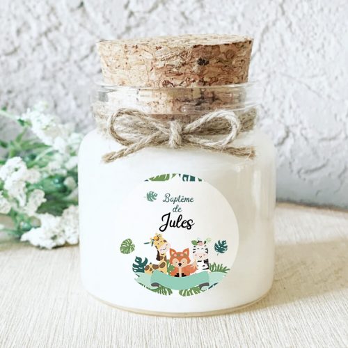 Bougie baptême personnalisée thème safari animaux de la jungle