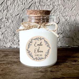 Bougie personnalisée mariage kraft beige avec feuillage noir