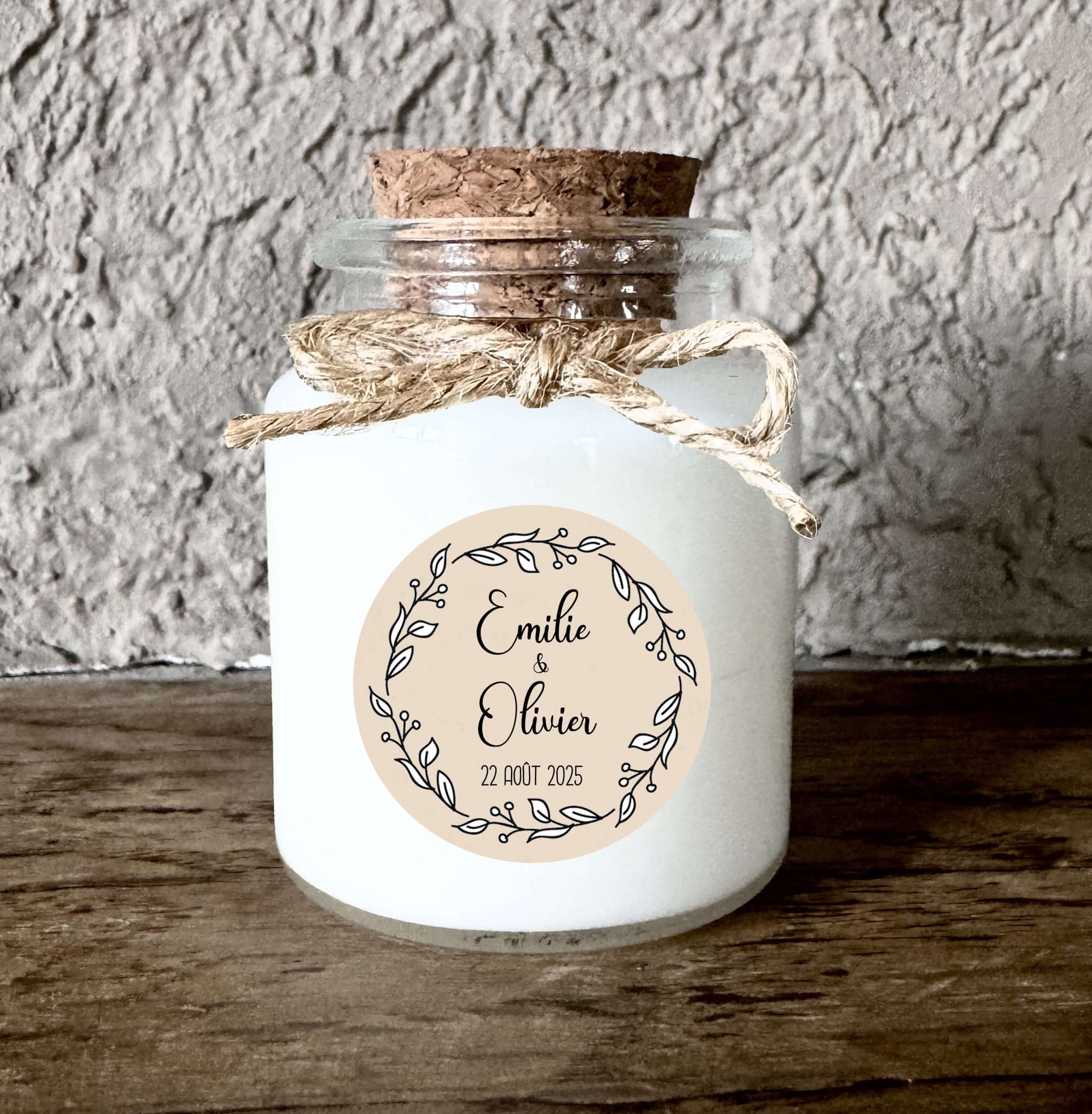 Bougie personnalisée mariage kraft beige avec feuillage noir