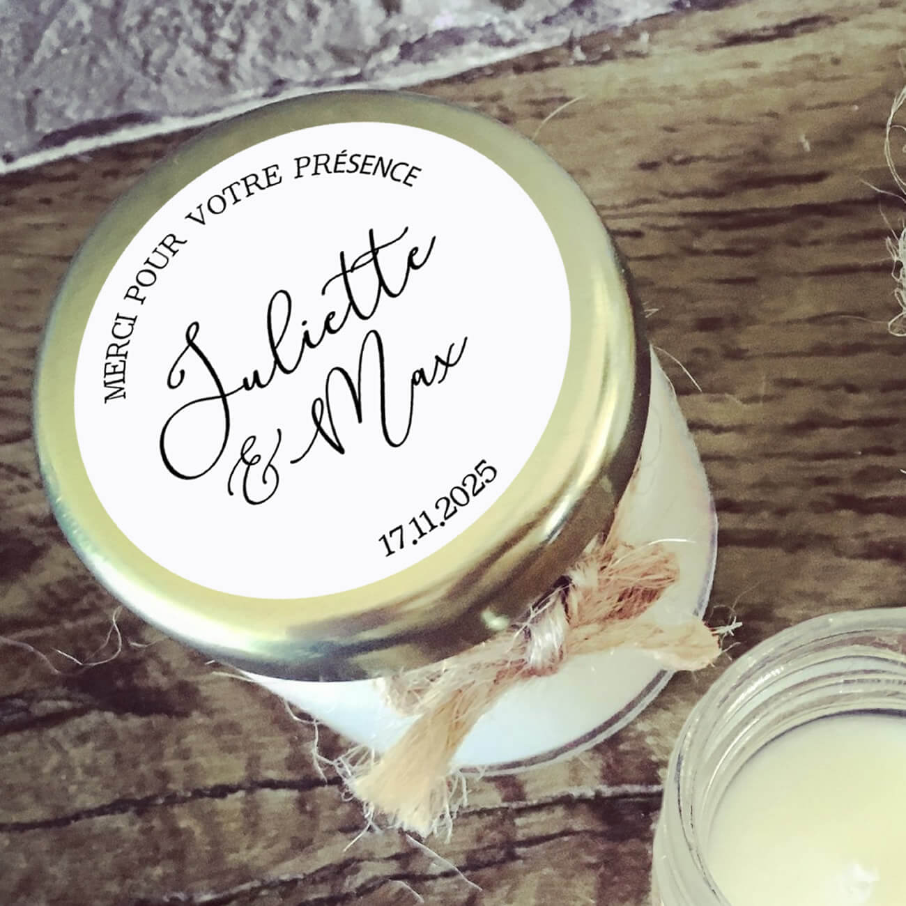 Bougie mariage personnalisée avec prénoms en calligraphie