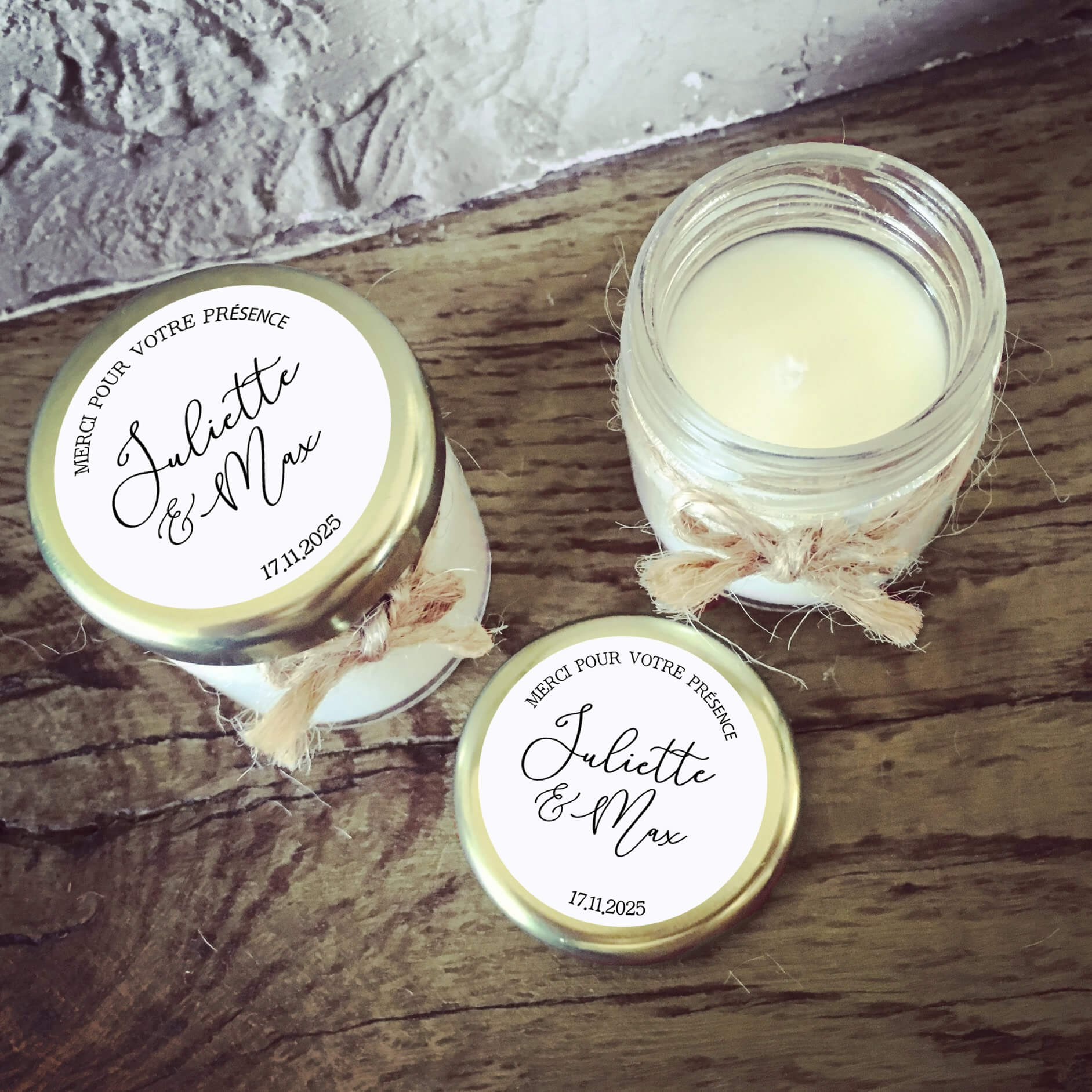 Bougie mariage personnalisée avec prénoms en calligraphie