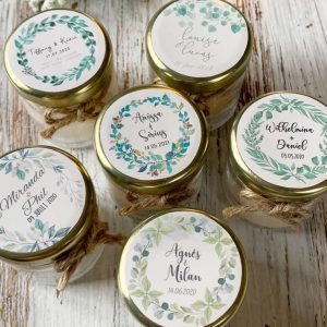 Bougie mariage personnalisée feuillage vert – cadeau invités nature et chic