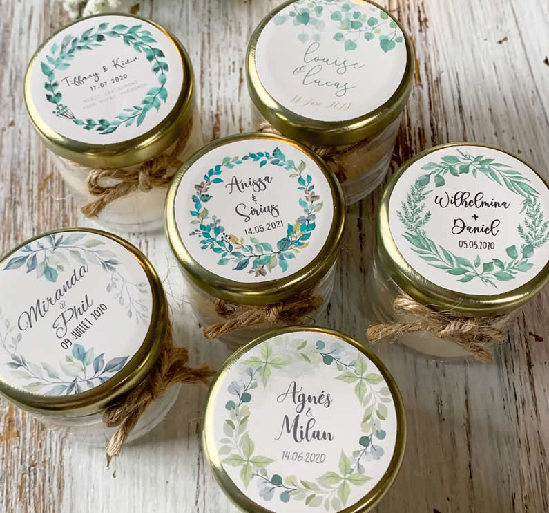 Bougie mariage personnalisée feuillage vert – cadeau invités nature et chic