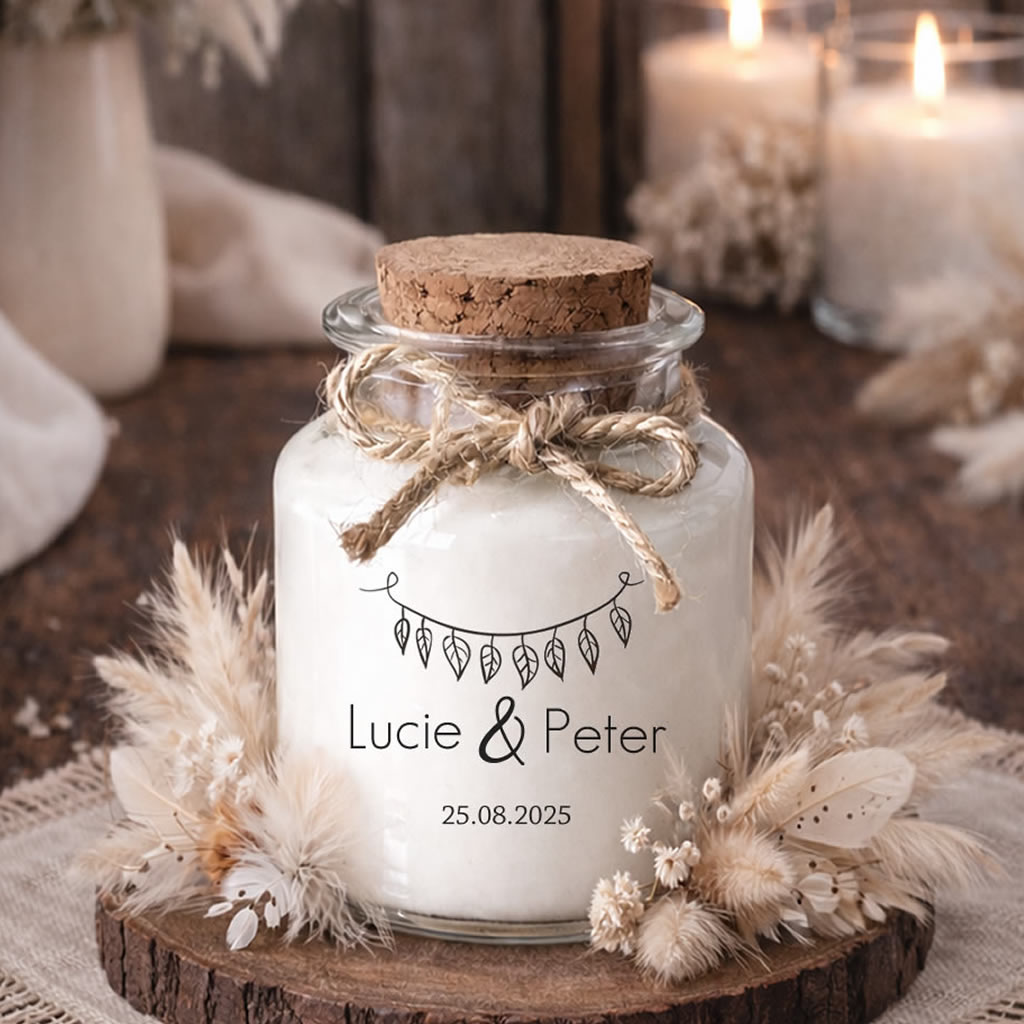 Bougie parfumée personnalisée cadeaux invités de mariage bohème boho fait main en France.