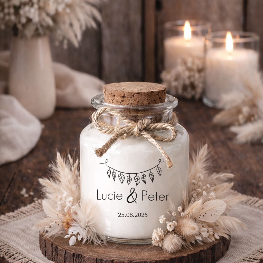 Bougie parfumée personnalisée cadeaux invités de mariage bohème boho fait main en France.