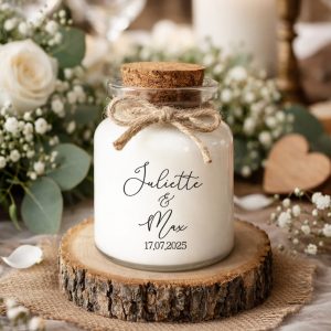 Bougie parfumée personnalisée mariage bohème champêtre chic, pot en verre avec ficelle jute et bouchon en liège, fabrication artisanale en France.