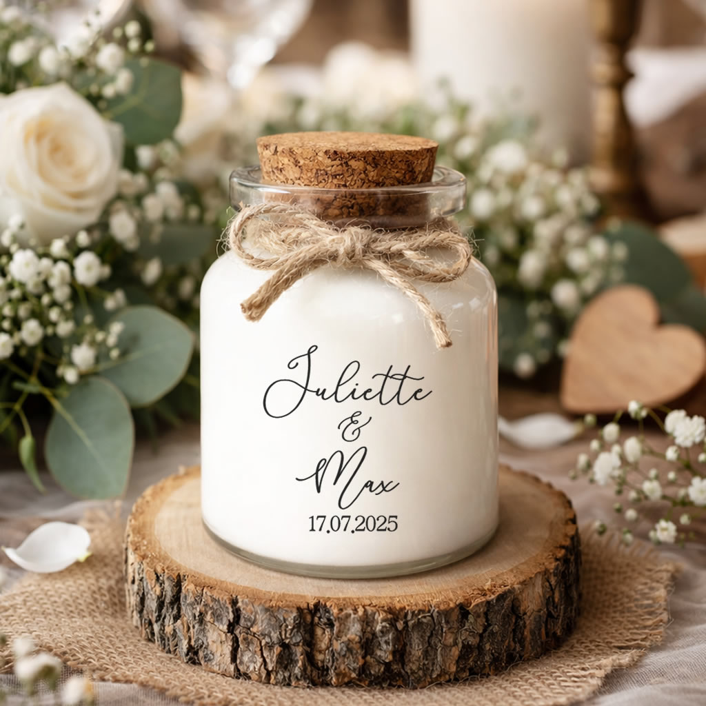 Bougie parfumée personnalisée mariage bohème champêtre chic, pot en verre avec ficelle jute et bouchon en liège, fabrication artisanale en France.