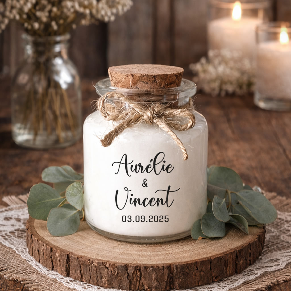Bougie parfumée personnalisée au style romantique et élégant, cadeau invité de mariage, pot en verre avec bouchon en liège, fabriquée à la main en France.