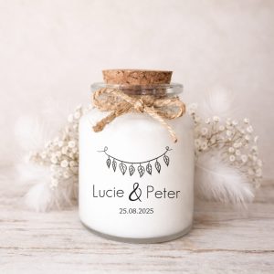 Bougie parfumée personnalisée cadeaux invités de mariage bohème boho fait main en France.