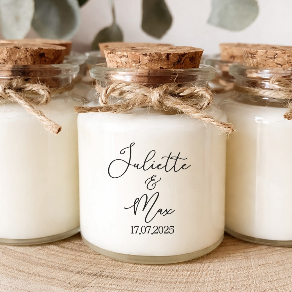 Bougie parfumée personnalisée mariage bohème champêtre chic, pot en verre avec ficelle jute et bouchon en liège, fabrication artisanale en France.