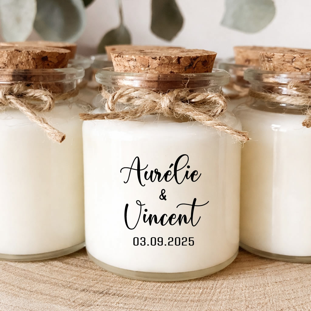 Bougie parfumée personnalisée au style romantique et élégant, cadeau invité de mariage, pot en verre avec bouchon en liège, fabriquée à la main en France.