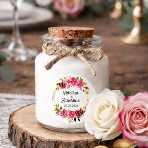 Bougie personnalisée mariage avec fleurs aquarelle et corde jute, cadeau invité romantique et champêtre en cire de soja naturelle.