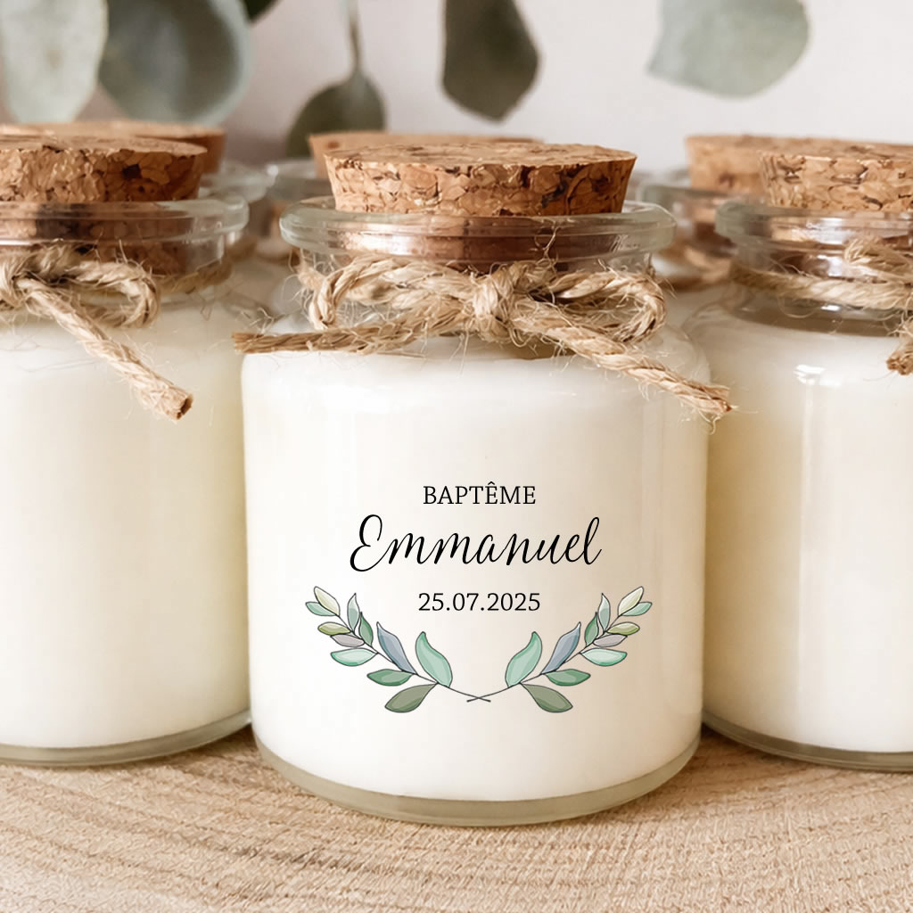 Bougie baptême personnalisée eucalyptus cadeau invité original