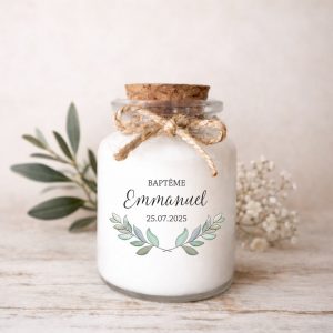 Bougie baptême personnalisée eucalyptus cadeau invité original