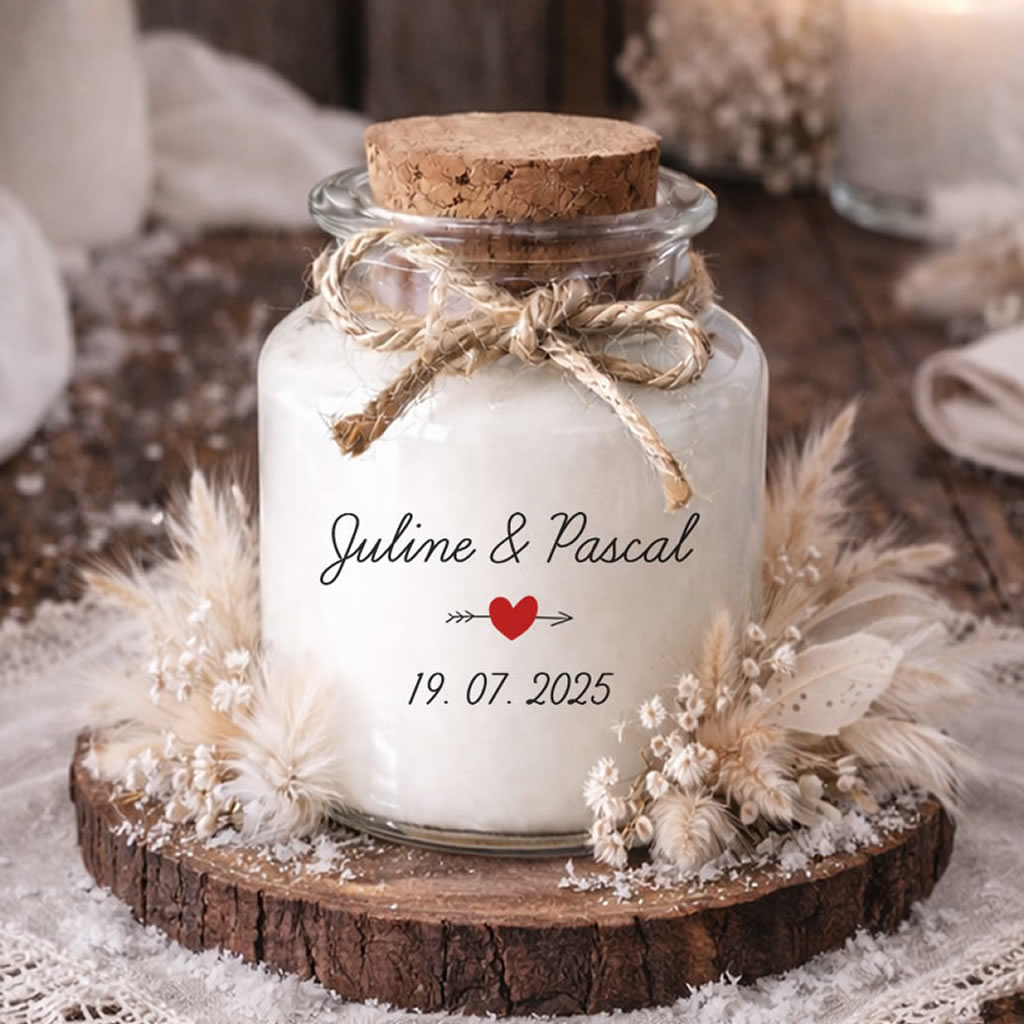 Bougie parfumée personnalisée en cire de soja, cadeau invité mariage avec étiquette transparente, pot en verre et bouchon en liège, fait main en France.