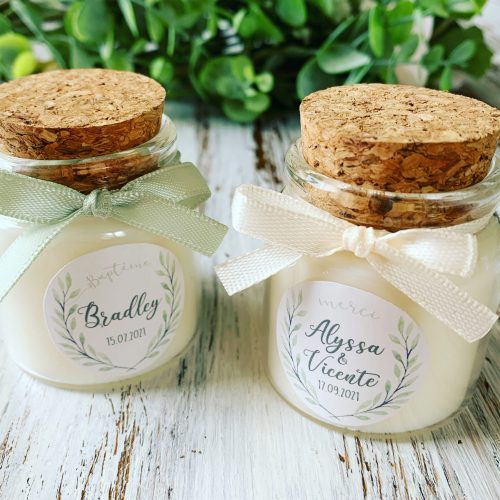 Cadeaux invités de mariage bougie personnalisée parfumée fait-main en Provence Mariage Feuillage Eucalyptus Olivier