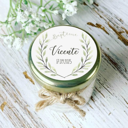 Bougie personnalisée baptême eucalyptus – cadeau invités nature petit budget