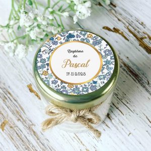 Bougie baptême personnalisée motif Liberty bleu gris