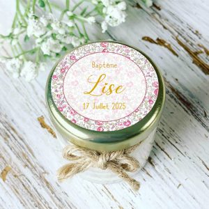 Bougie baptême personnalisée motif Liberty rose pastel