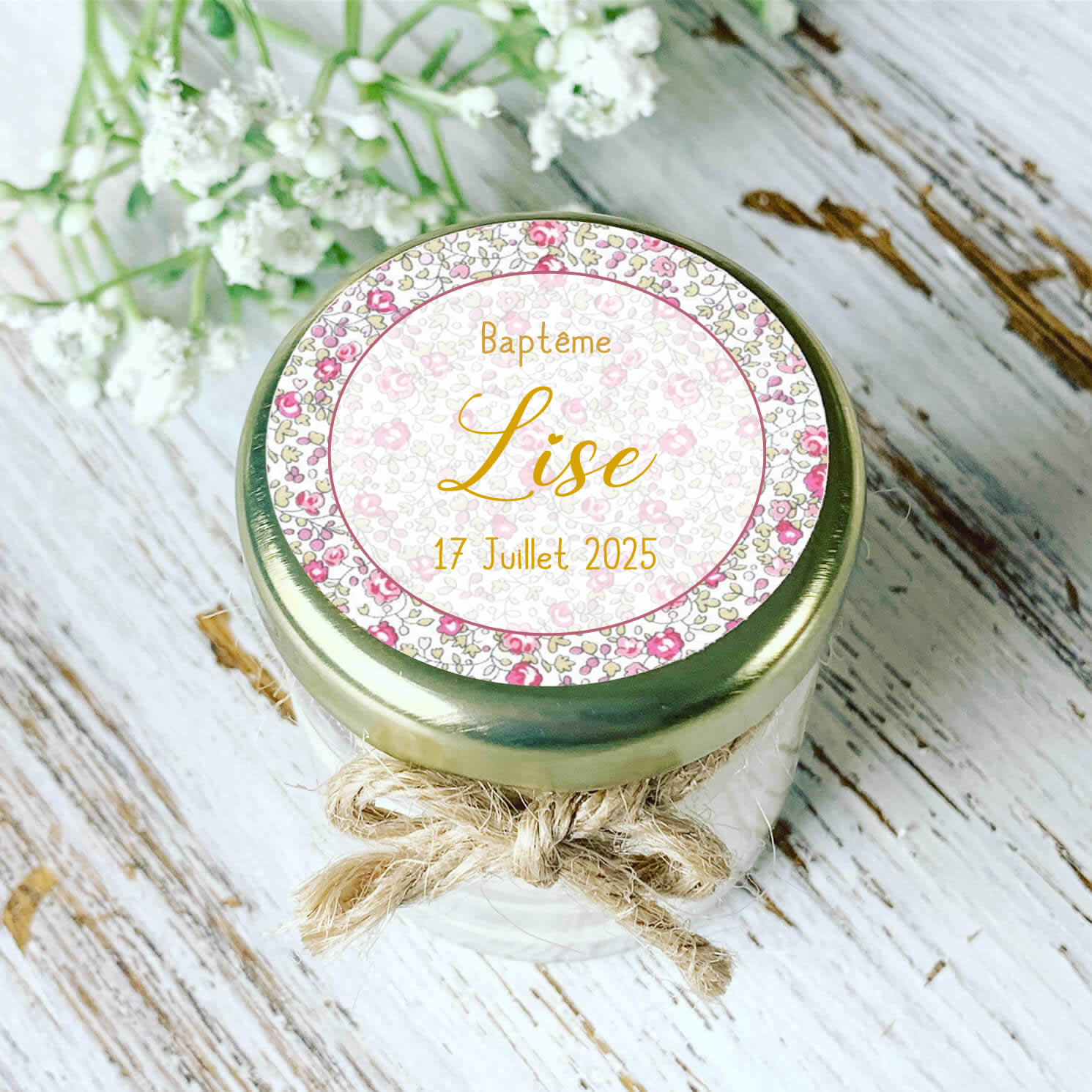 Bougie baptême personnalisée motif Liberty rose pastel